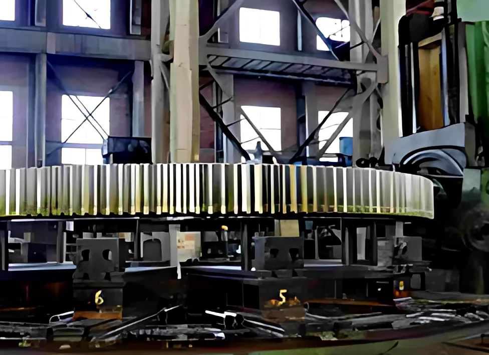 Gear hobbing machine cutting a large gear rim
