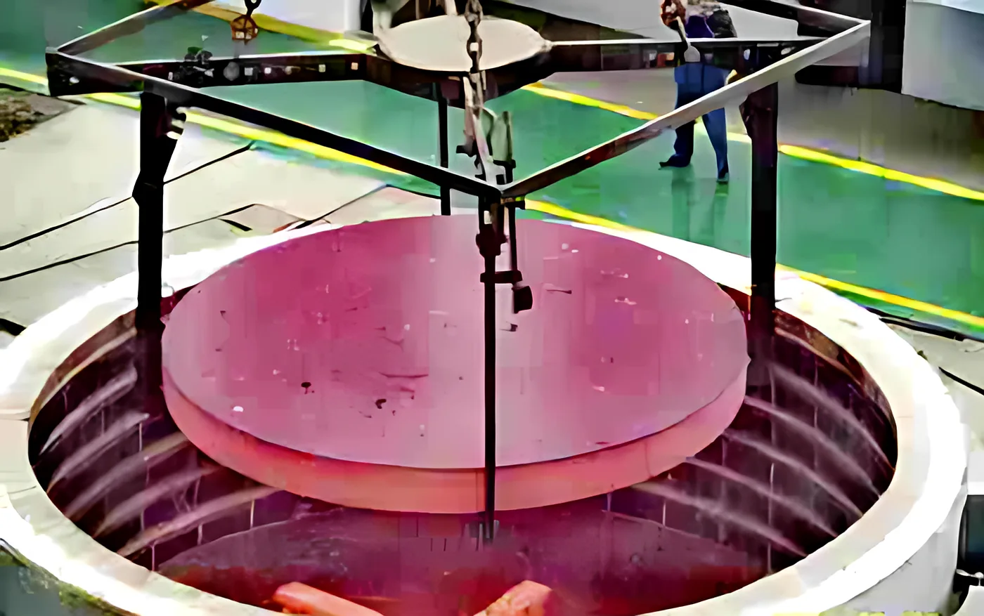 Large steel disc lifted from the quench tank during heat treatment
