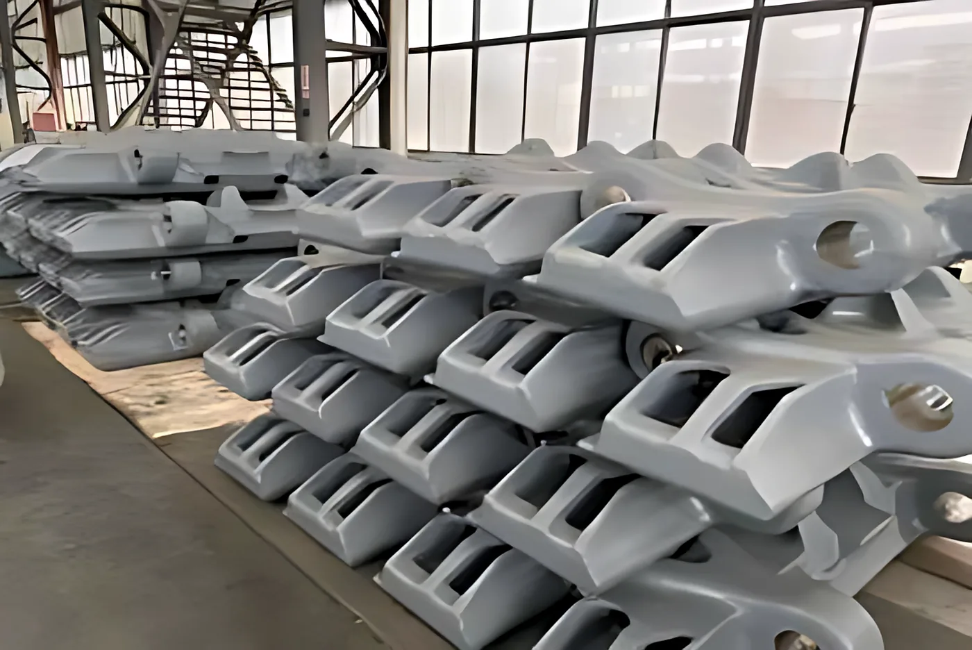 Track shoe batches: Machined track shoes in batch